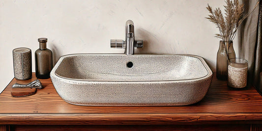 rectangular ceramic washbasin on a wooden vanity