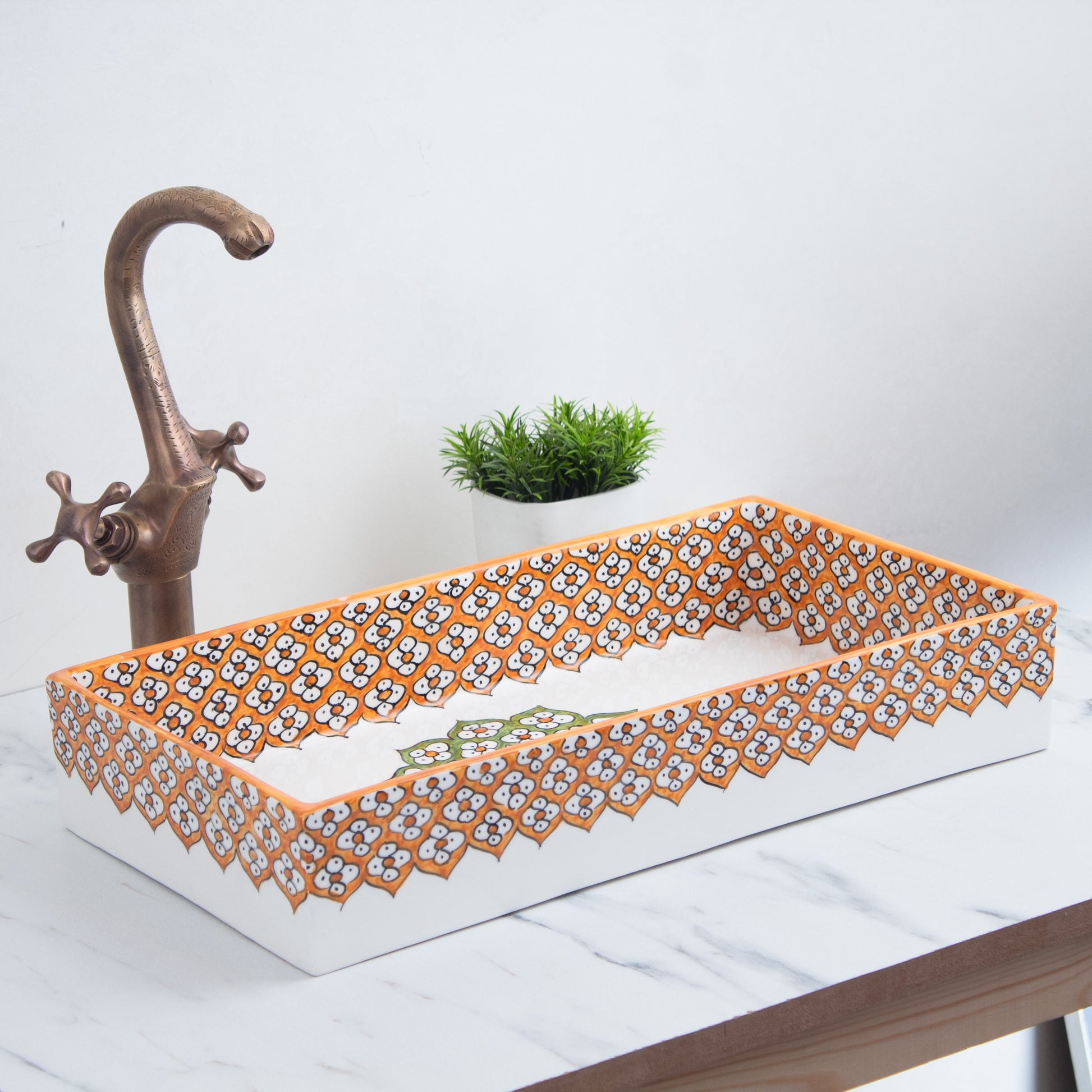 Rectangular ceramic Bathroom Sink, Floral Orange Green 18" Vessel Sink | TerraFez