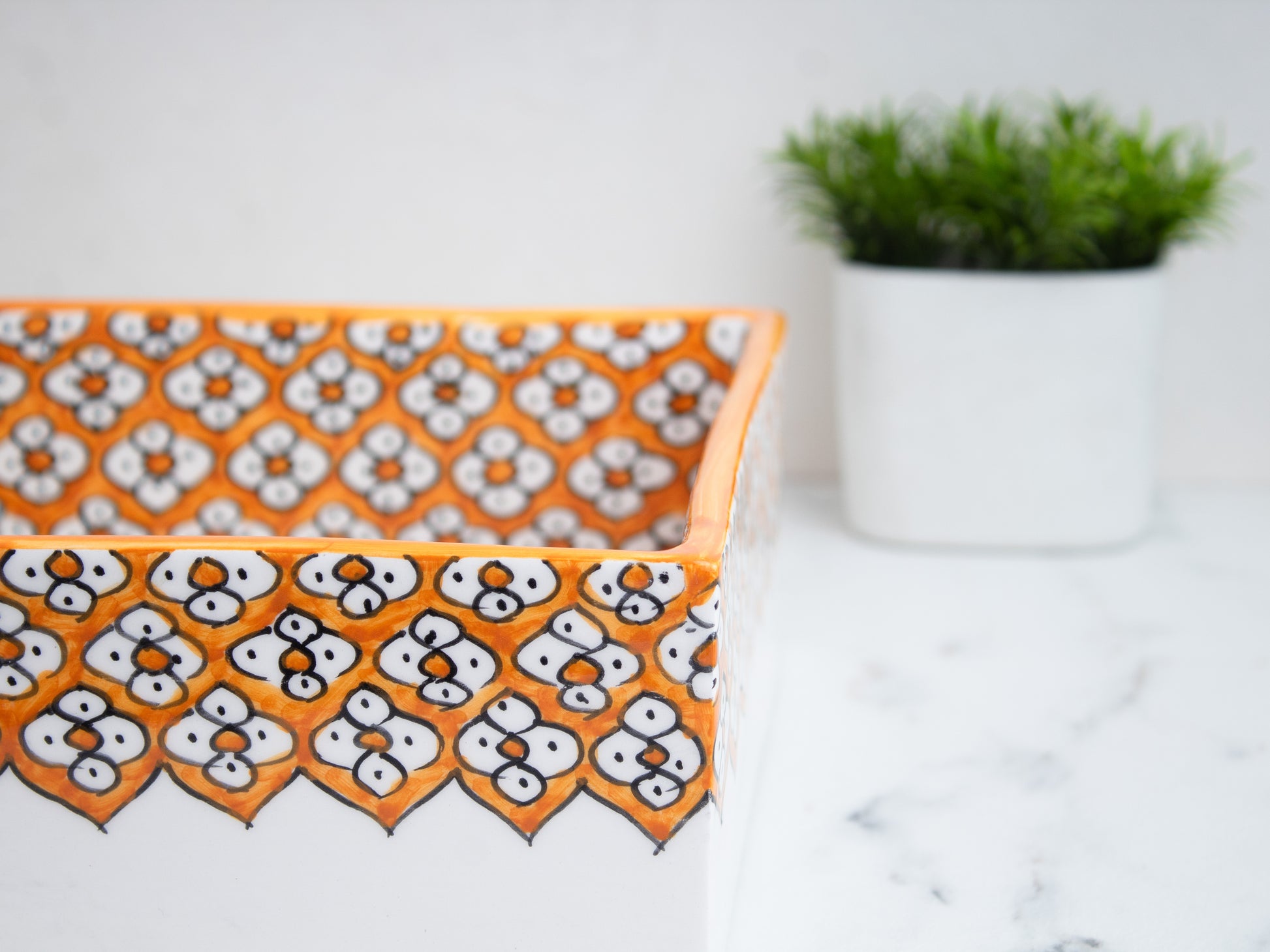 Rectangular ceramic Bathroom Sink close-up, Floral Orange Green 18" Vessel Sink | TerraFez