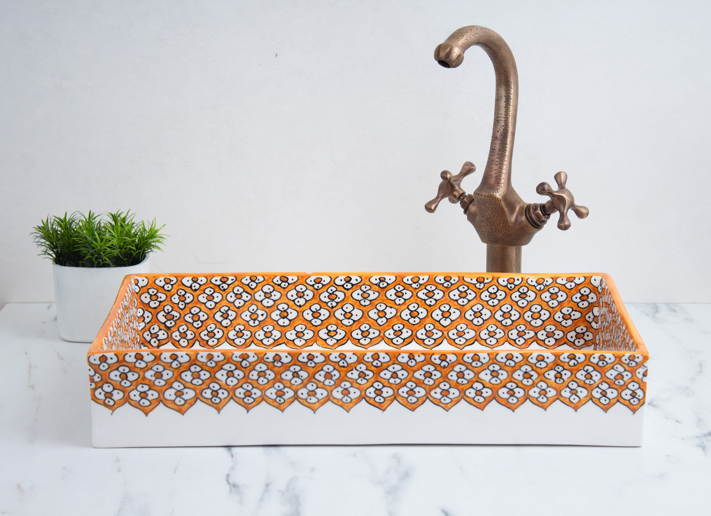 Rectangular ceramic Bathroom Sink front view, Floral Orange Green 18" Vessel Sink | TerraFez