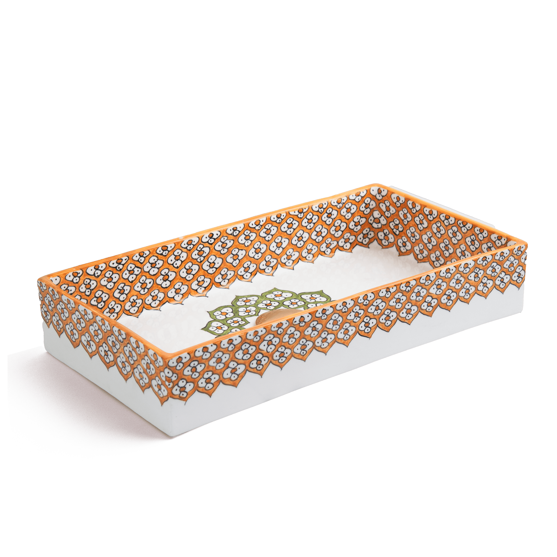 Rectangular Ceramic bathroom sink featuring orange and green floral pattern
