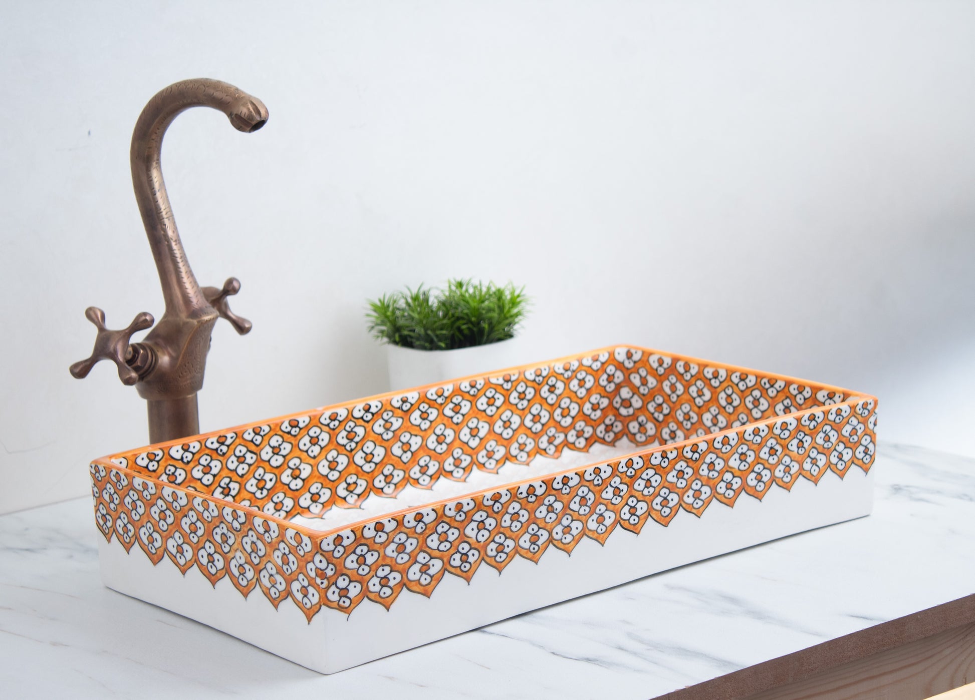 Rectangular ceramic Bathroom Sink side view, Floral Orange Green 18" Vessel Sink | TerraFez