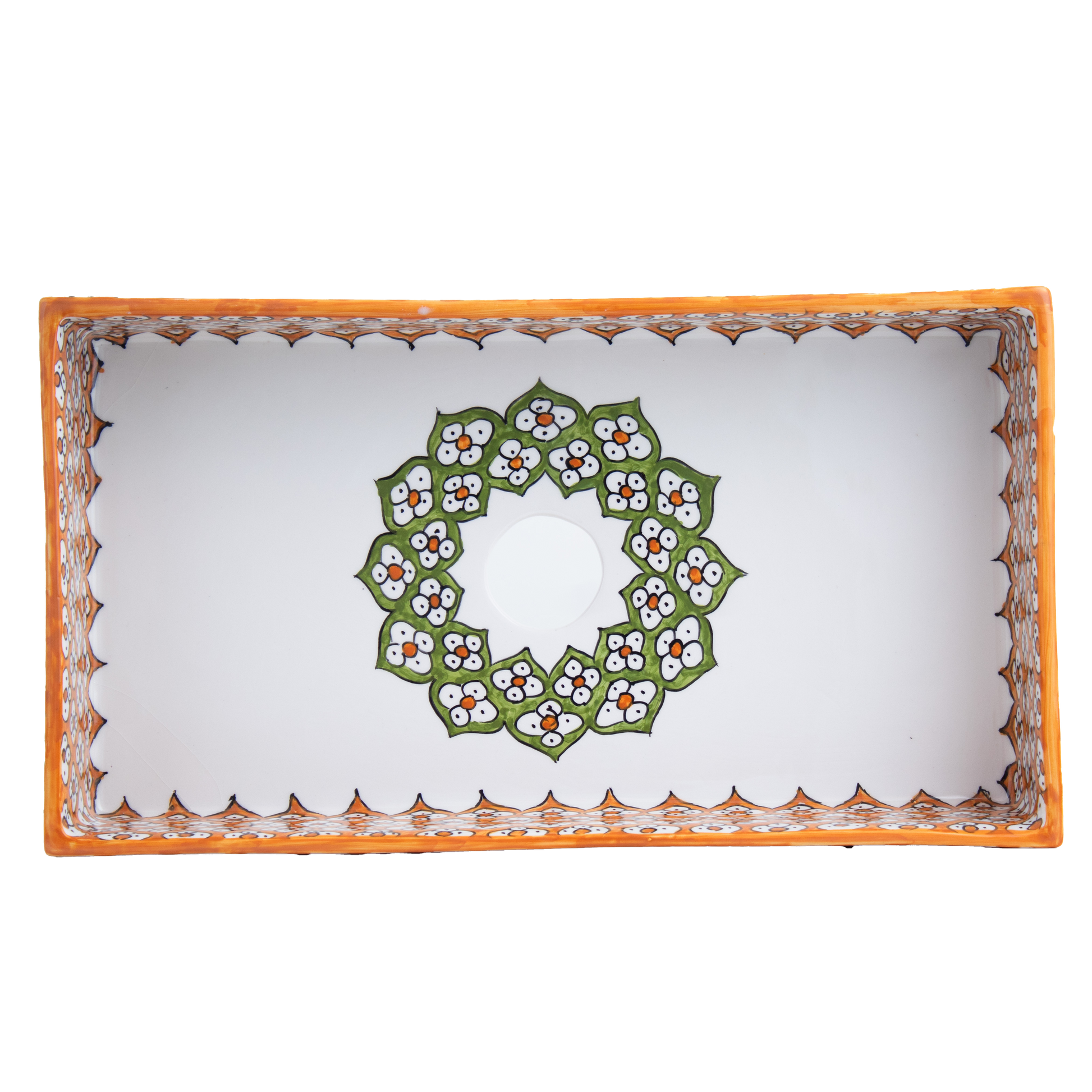 Rectangular ceramic Bathroom Sink Top View, Floral Orange Green 18" Vessel Sink | TerraFez