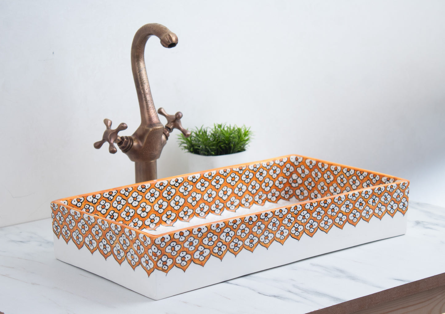 Rectangular Ceramic Bathroom Sink wide-view , Floral Orange Green 18" Vessel Sink | TerraFez