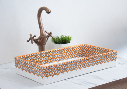 Rectangular Ceramic Bathroom Sink wide-view , Floral Orange Green 18" Vessel Sink | TerraFez