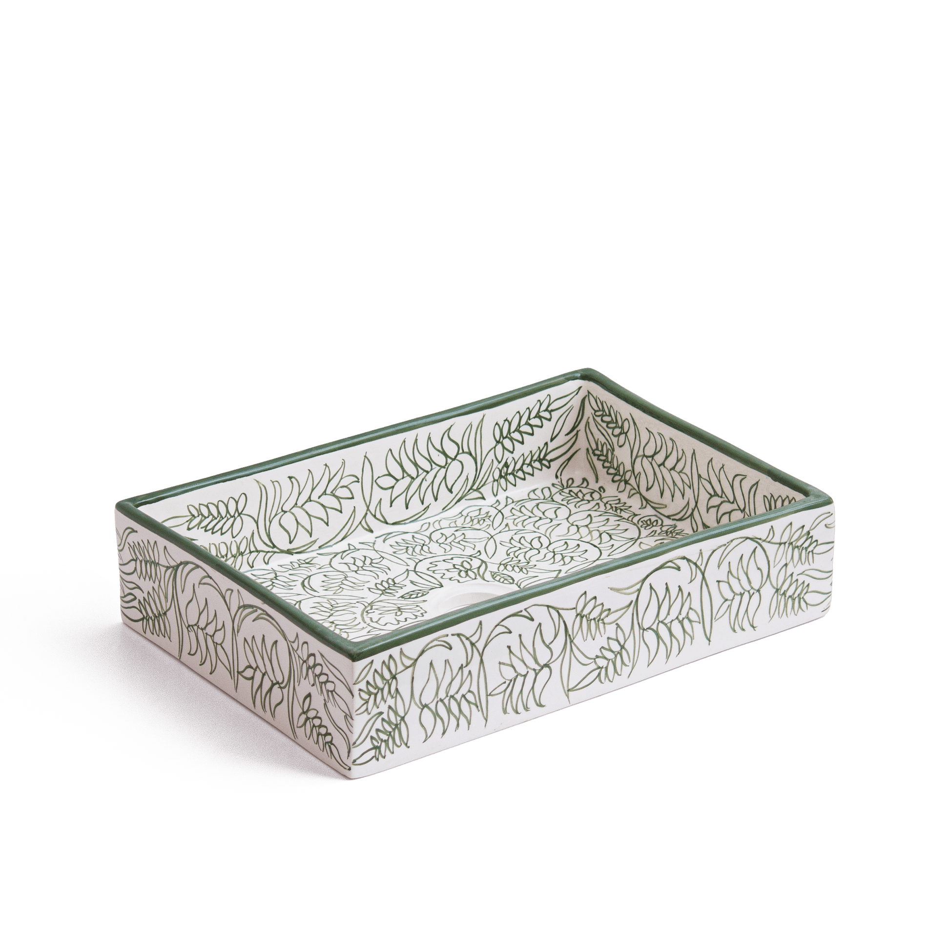 Three-dimensional perspective view of rectangular ceramic sink displaying green botanical line art on white ceramic surface