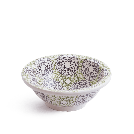 Angled perspective of Moroccan ceramic basin showcasing three-dimensional form and pattern distribution