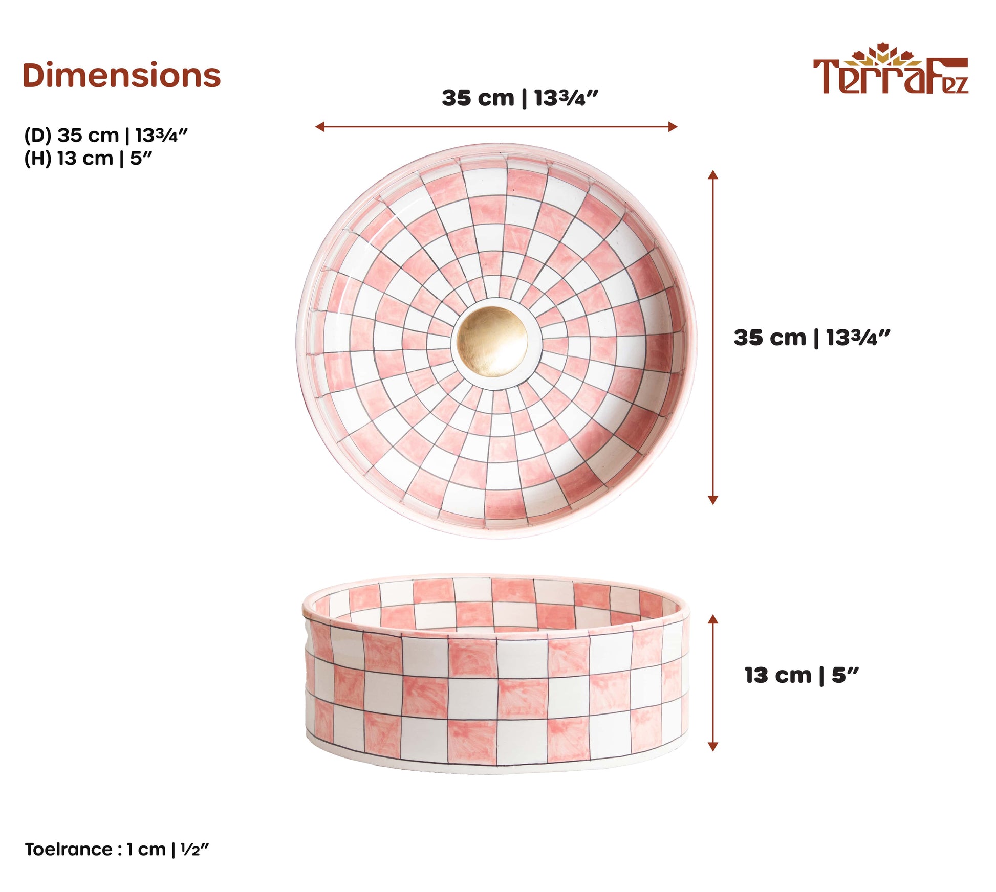 Technical dimensions diagram showing top and side view measurements of ceramic vessel sink with pink and white checkered pattern and 35cm diameter specifications