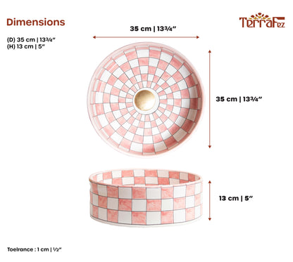 Technical dimensions diagram showing top and side view measurements of ceramic vessel sink with pink and white checkered pattern and 35cm diameter specifications