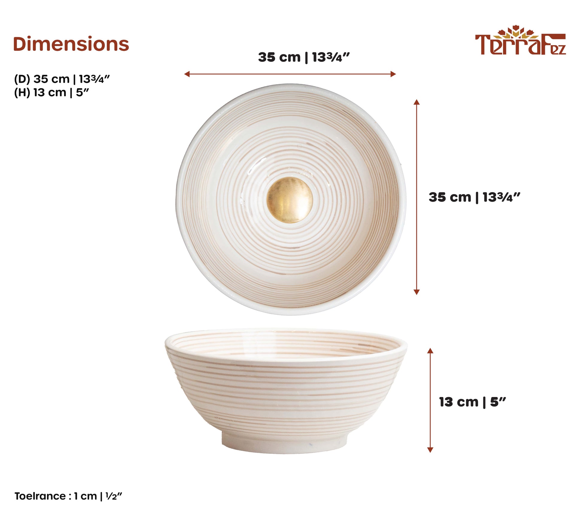 Technical dimensions diagram showing top and side view measurements of cream ceramic vessel sink with 35cm diameter specifications and gold drain detail