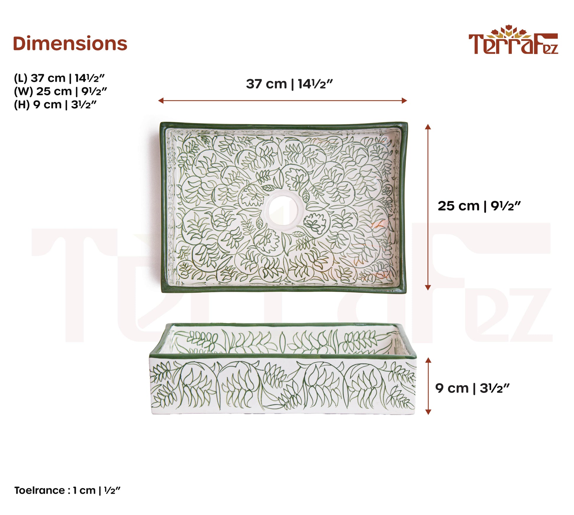 Technical specification sheet showing dimensions and measurements of handcrafted Moroccan ceramic bathroom sink with botanical green line patterns
