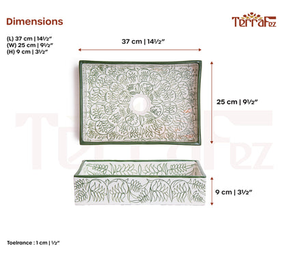 Technical specification sheet showing dimensions and measurements of handcrafted Moroccan ceramic bathroom sink with botanical green line patterns