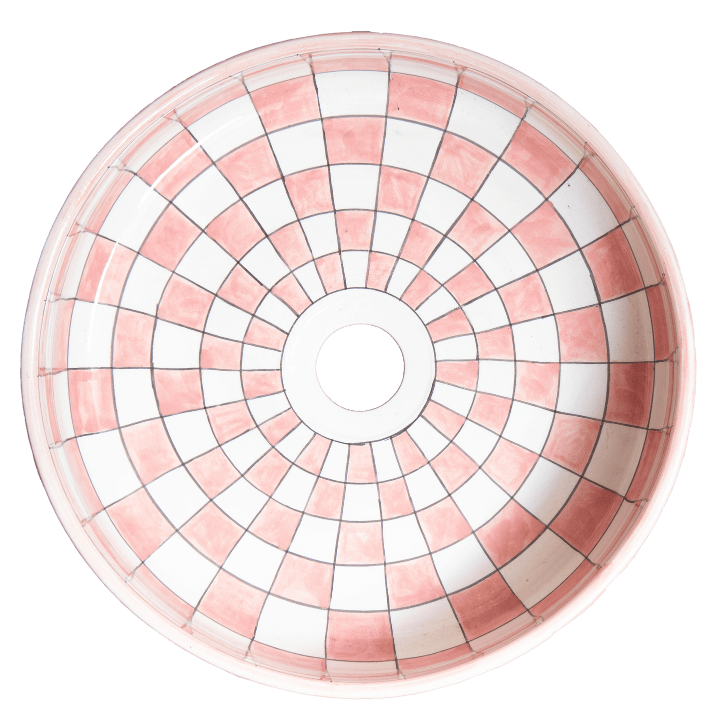 Top-down interior view of ceramic vessel sink displaying concentric pink and white checkered pattern with central drain opening