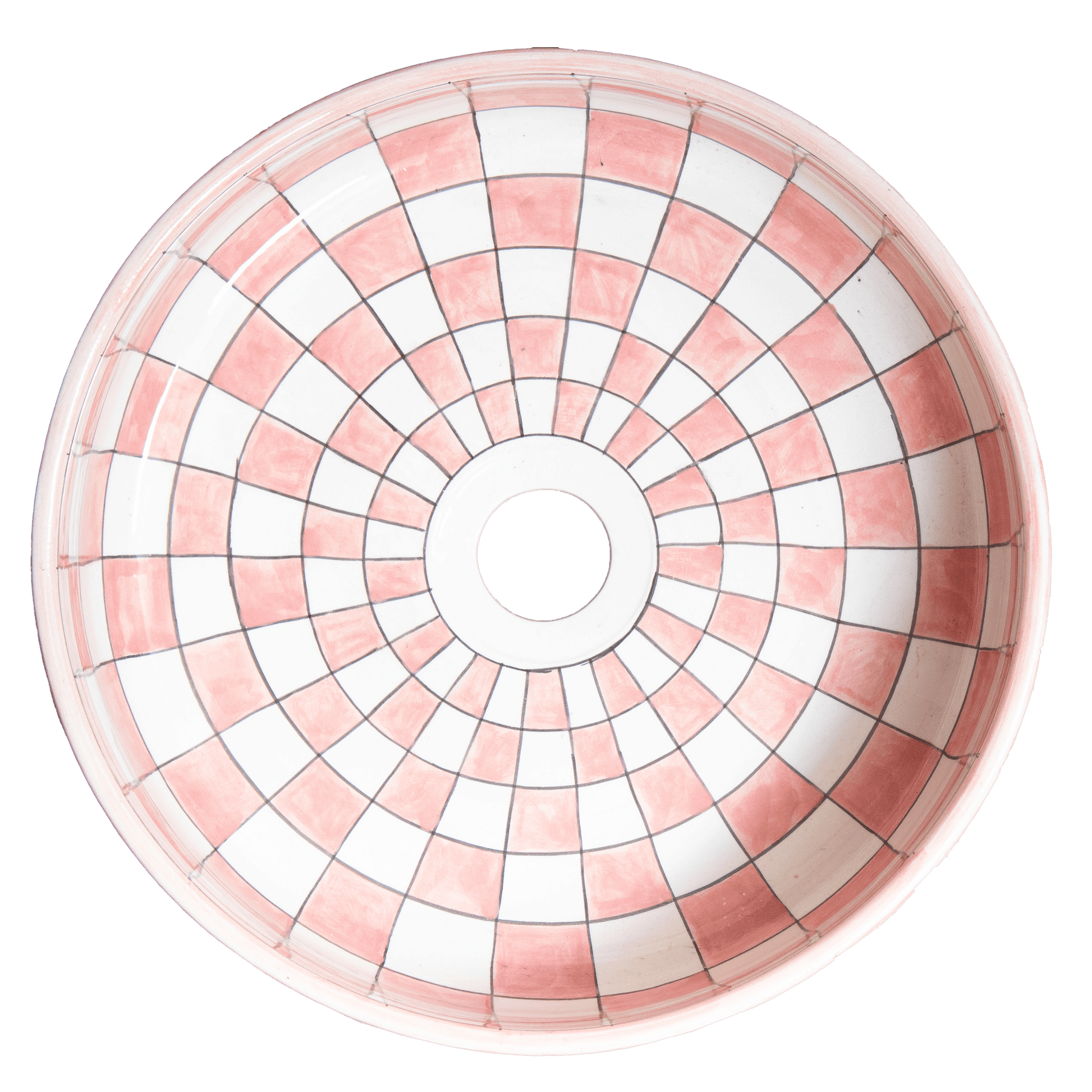 Top-down interior view of ceramic vessel sink displaying concentric pink and white checkered pattern with central drain opening