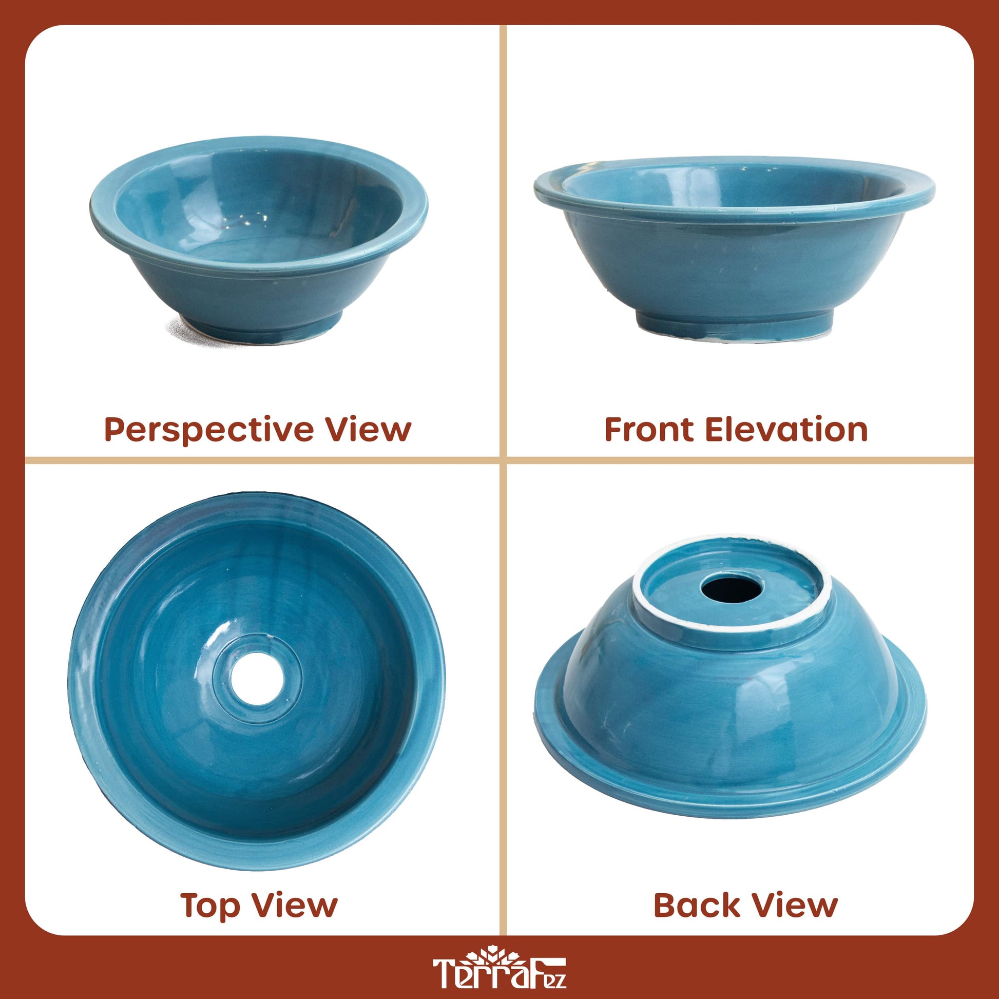 Handcrafted blue ceramic vessel sink shown in four different angles - perspective, front elevation, top view, and back view displaying the interior bowl and drain opening