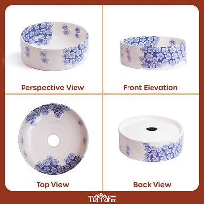 Handcrafted ceramic vessel sink with blue floral meadow pattern shown in four different angles - perspective view, front elevation, top view, and back view