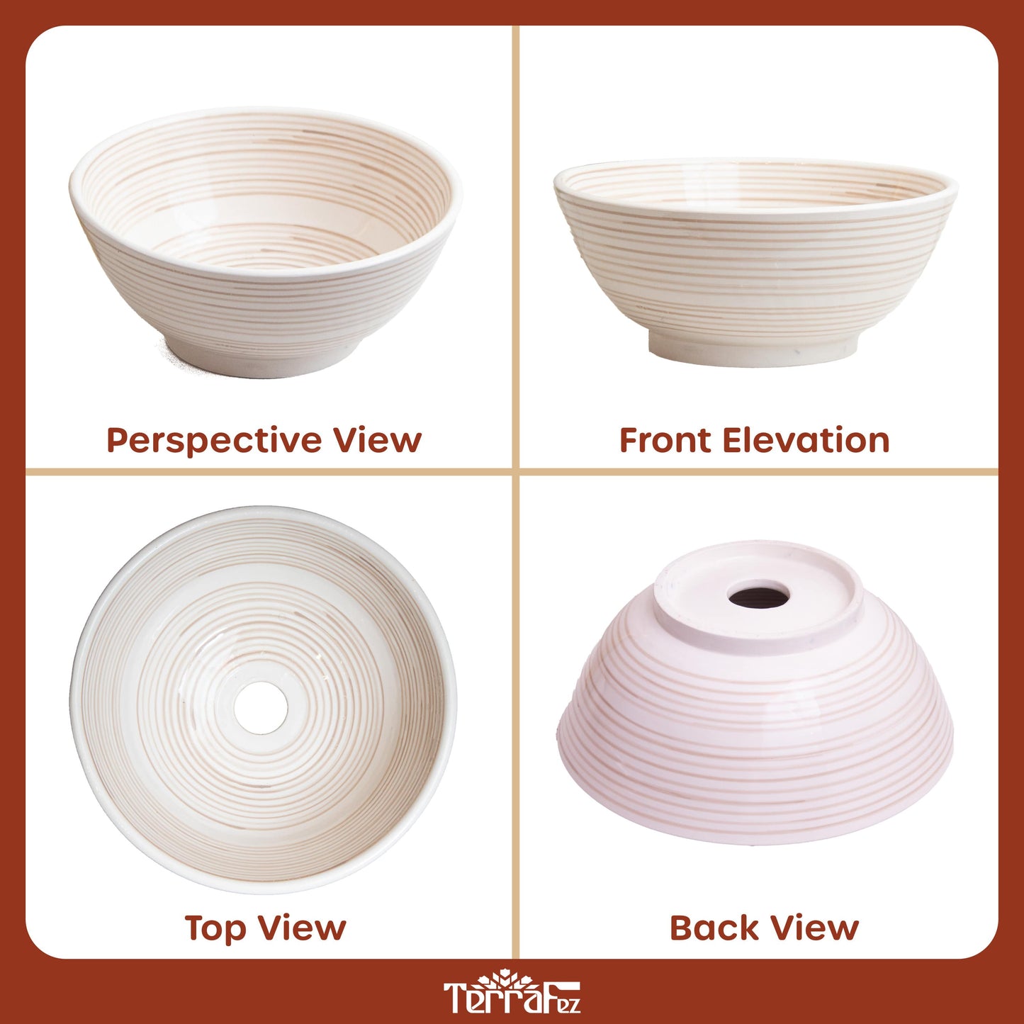 Handcrafted cream ceramic vessel sink with spiral ridged texture shown in four different angles - perspective, front elevation, top view, and back view
