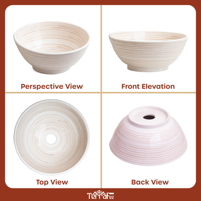 Handcrafted cream ceramic vessel sink with spiral ridged texture shown in four different angles - perspective, front elevation, top view, and back view