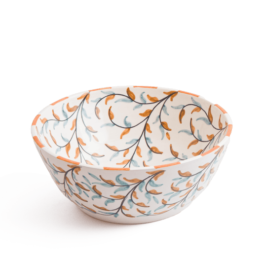 Three-quarter perspective view of ceramic vessel sink with olive branch design on white background showing complete bowl shape