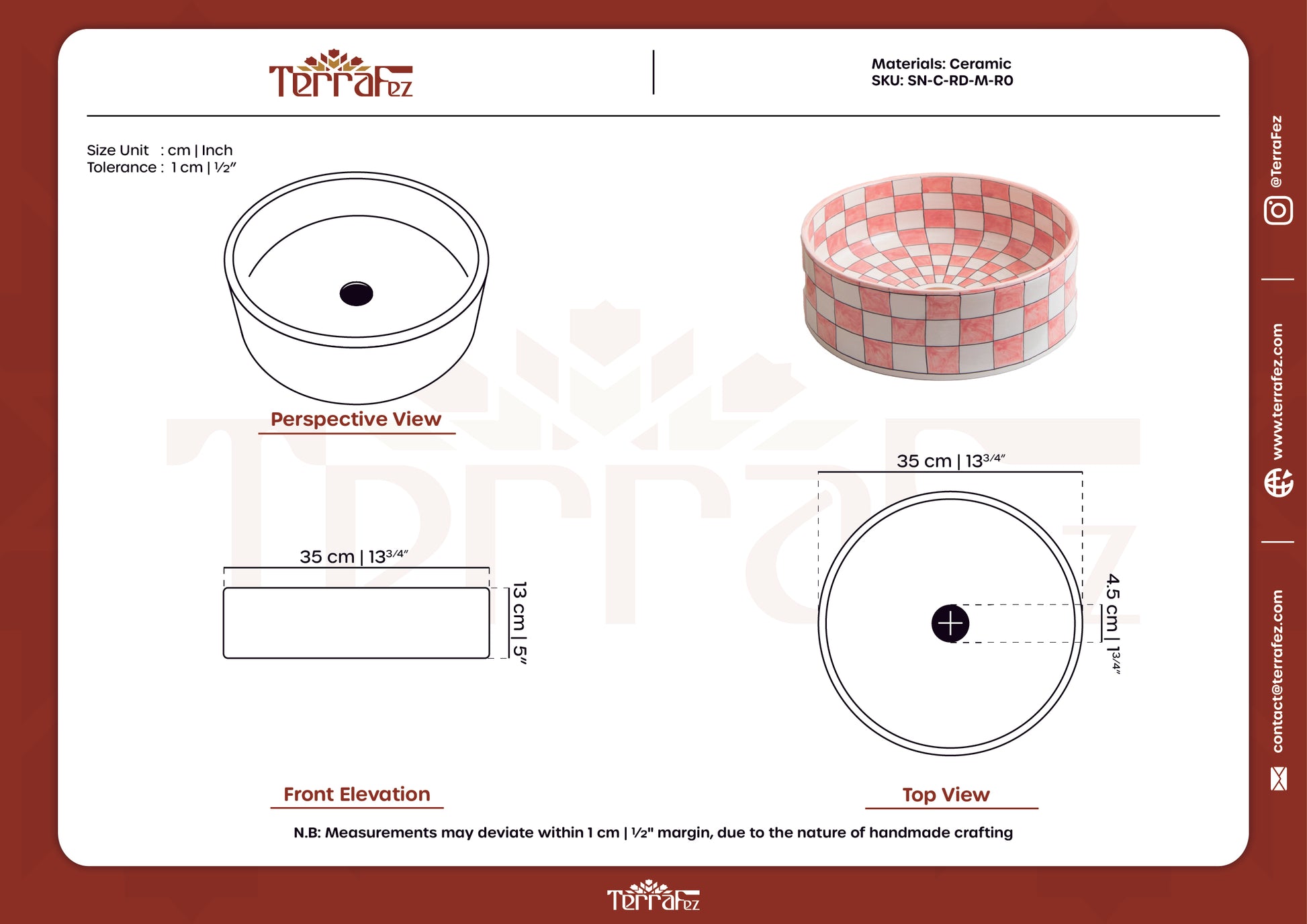 Technical drawing and specifications sheet for ceramic vessel sink with checkered motif showing detailed measurements and product dimensions
