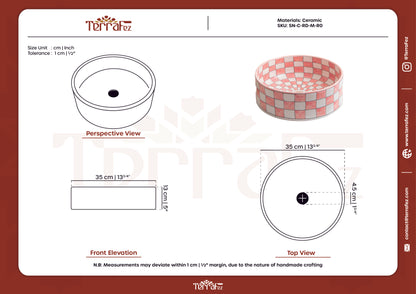 Technical drawing and specifications sheet for ceramic vessel sink with checkered motif showing detailed measurements and product dimensions