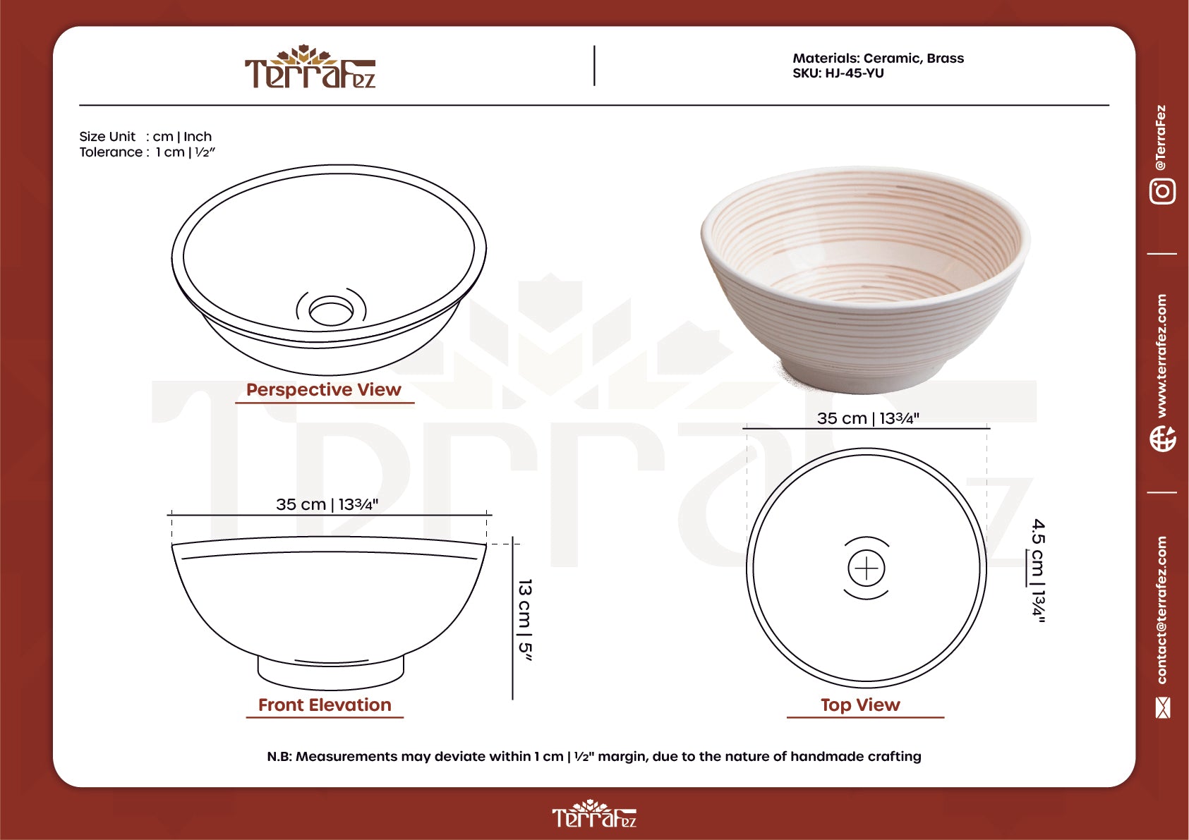 Technical drawing and specifications sheet for cream ceramic vessel sink showing detailed measurements, perspective view, and product dimensions