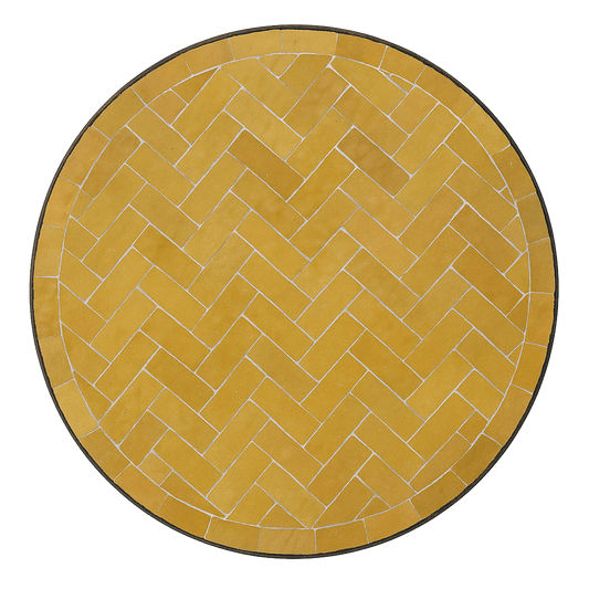 Overhead view of a mosaic patio table made of amber zellige tiles and featuring herringbone pattern