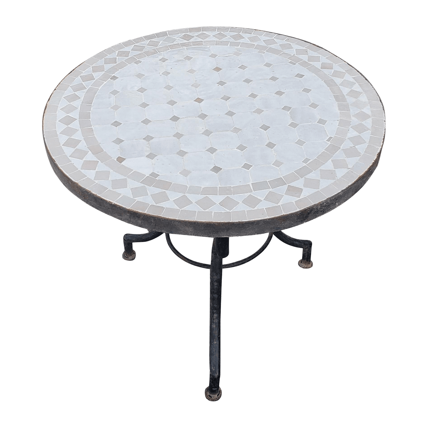 Handcrafted white and gray geometric mosaic table with wrought iron base, showcasing traditional Moroccan zellige pattern