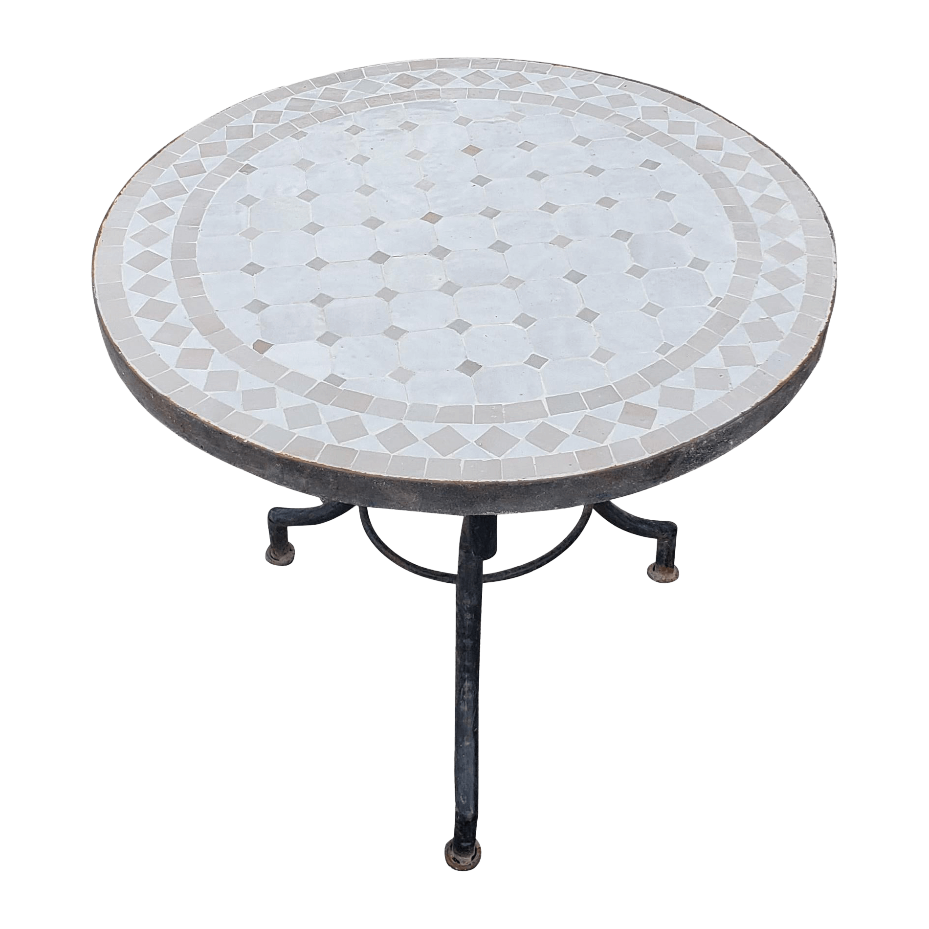 Handcrafted white and gray geometric mosaic table with wrought iron base, showcasing traditional Moroccan zellige pattern