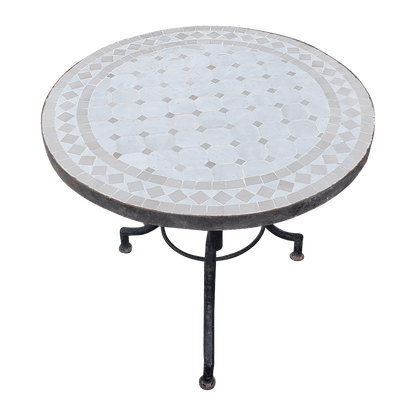 Handcrafted white and gray geometric mosaic table with wrought iron base, showcasing traditional Moroccan zellige pattern
