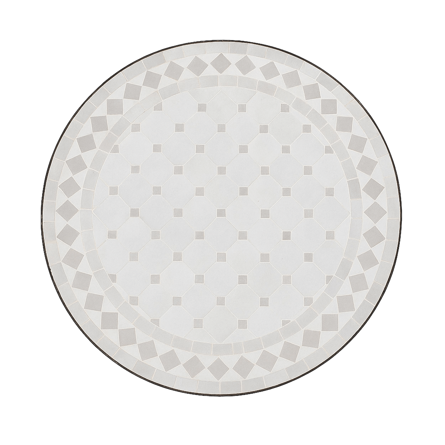 Overhead view of Handcrafted white and gray geometric mosaic table with wrought iron base, showcasing traditional Moroccan zellige pattern