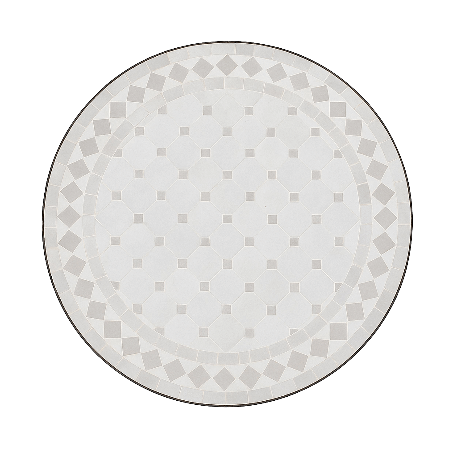 Overhead view of Handcrafted white and gray geometric mosaic table with wrought iron base, showcasing traditional Moroccan zellige pattern
