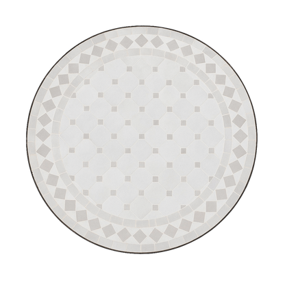 Overhead view of Handcrafted white and gray geometric mosaic table with wrought iron base, showcasing traditional Moroccan zellige pattern