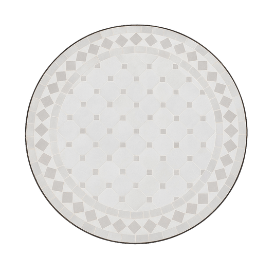 Overhead view of Handcrafted white and gray geometric mosaic table with wrought iron base, showcasing traditional Moroccan zellige pattern