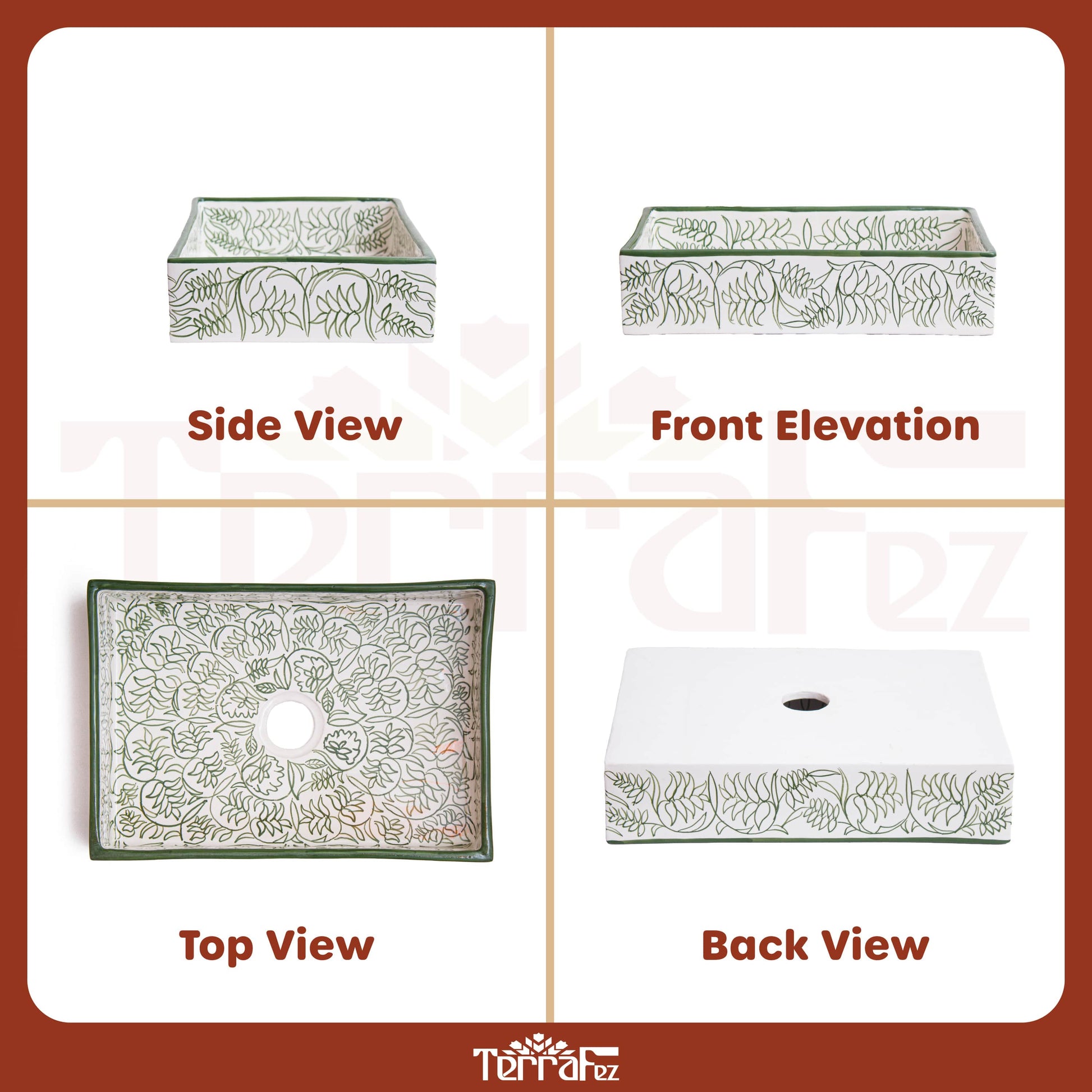 Four-panel technical diagram displaying side view, front elevation, top view, and back view of handcrafted Moroccan ceramic vessel sink