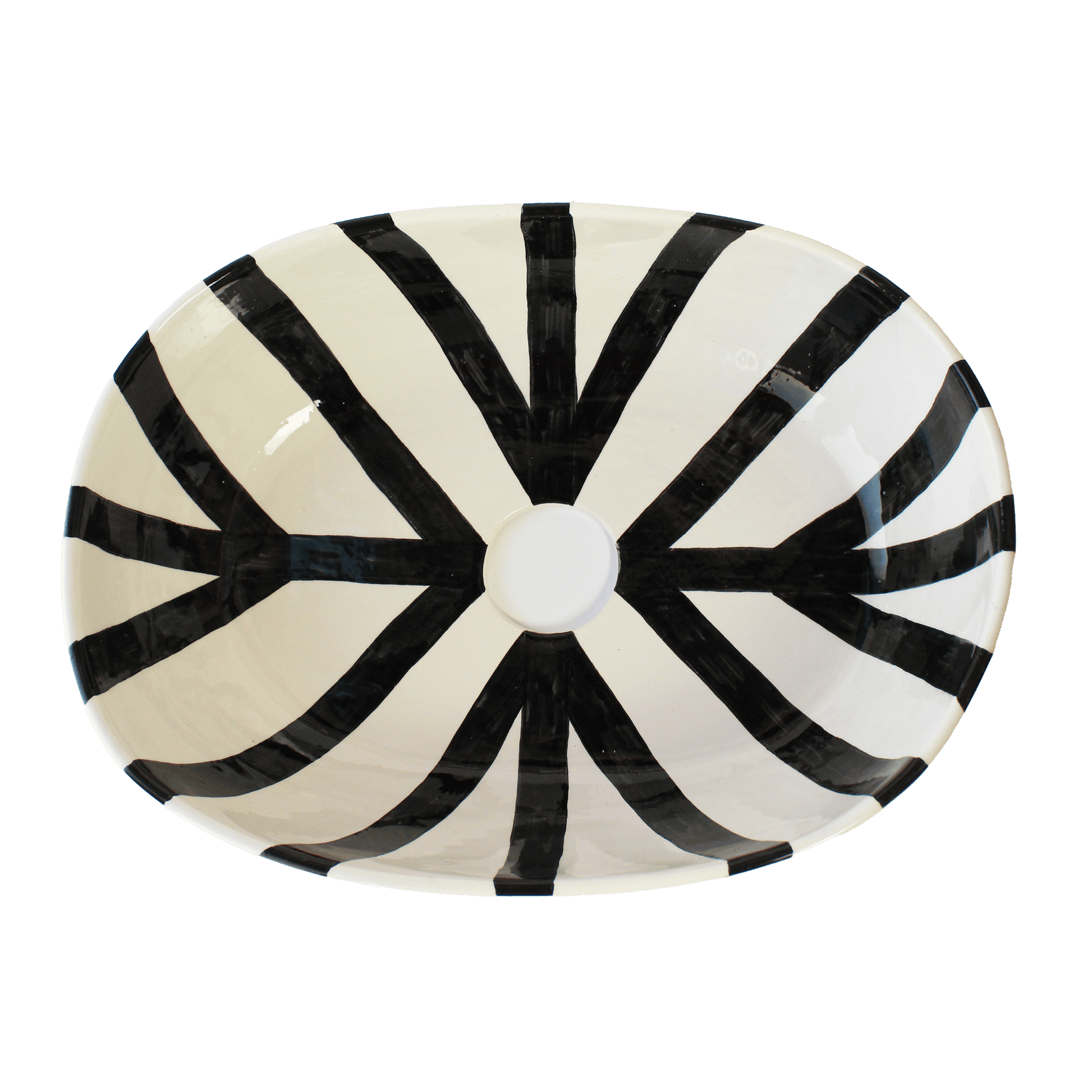 Aerial view of oval ceramic sink displaying symmetrical black stripes
