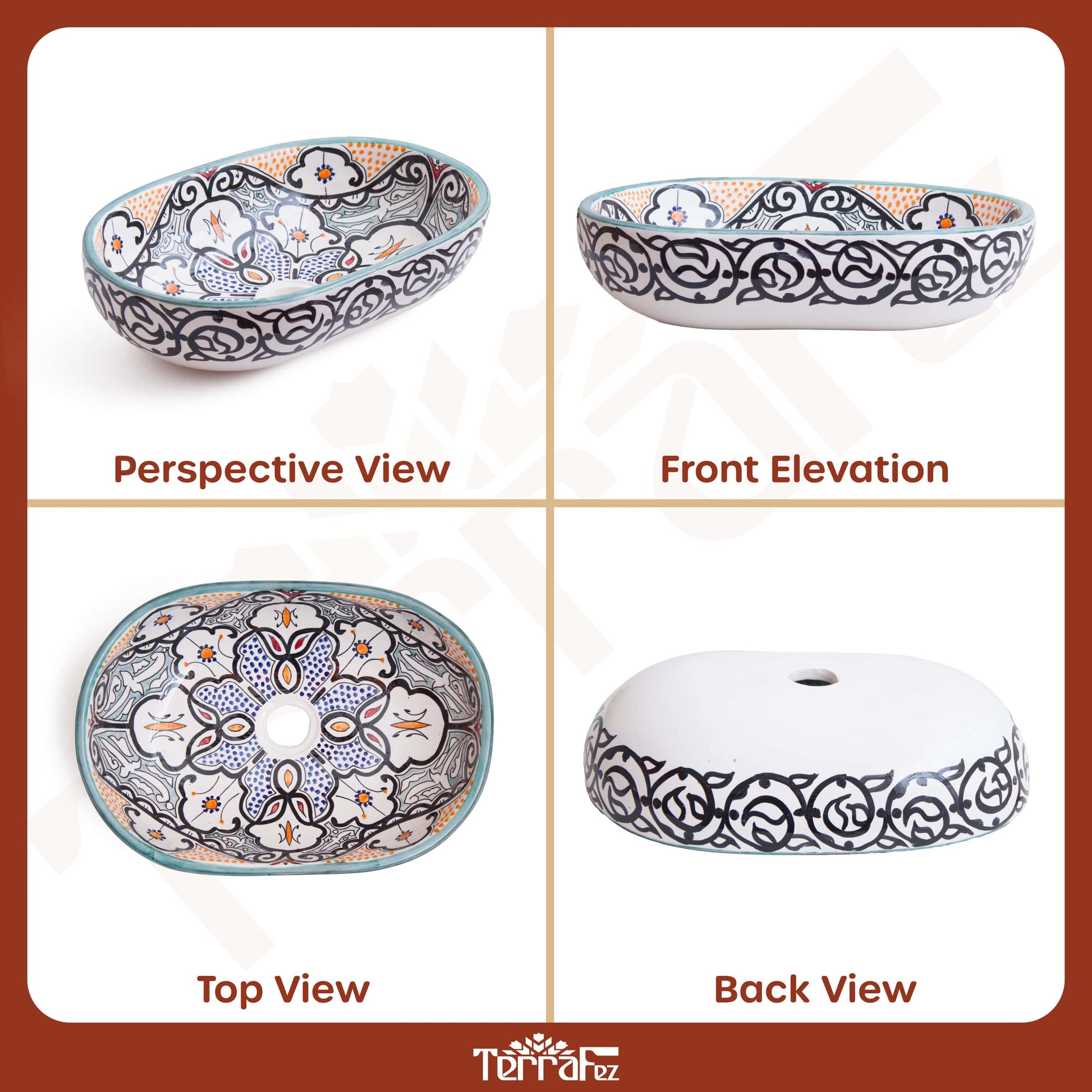 Comprehensive product documentation displaying perspective, front, top and back views of oval ceramic vessel sink