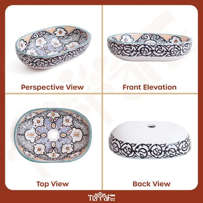 Comprehensive product documentation displaying perspective, front, top and back views of oval ceramic vessel sink