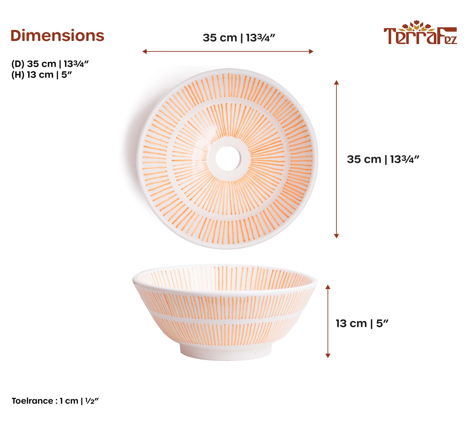 Dimensional technical diagram of round ceramic vessel sink showing 35cm diameter and 13cm height with orange radial sunburst line patterns