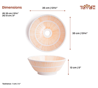 Dimensional technical diagram of round ceramic vessel sink showing 35cm diameter and 13cm height with orange radial sunburst line patterns