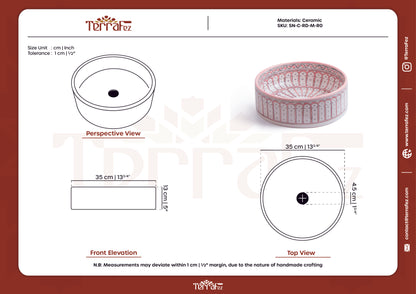 Technical specification document for handmade Moroccan round ceramic basin showing engineering drawings and product photo