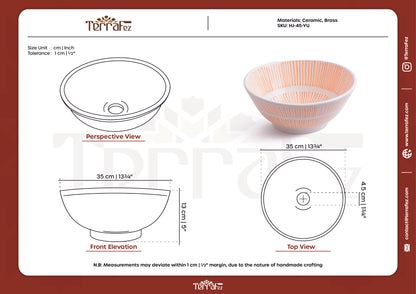 Technical specification document for handmade Moroccan round ceramic basin showing engineering drawings and product photo