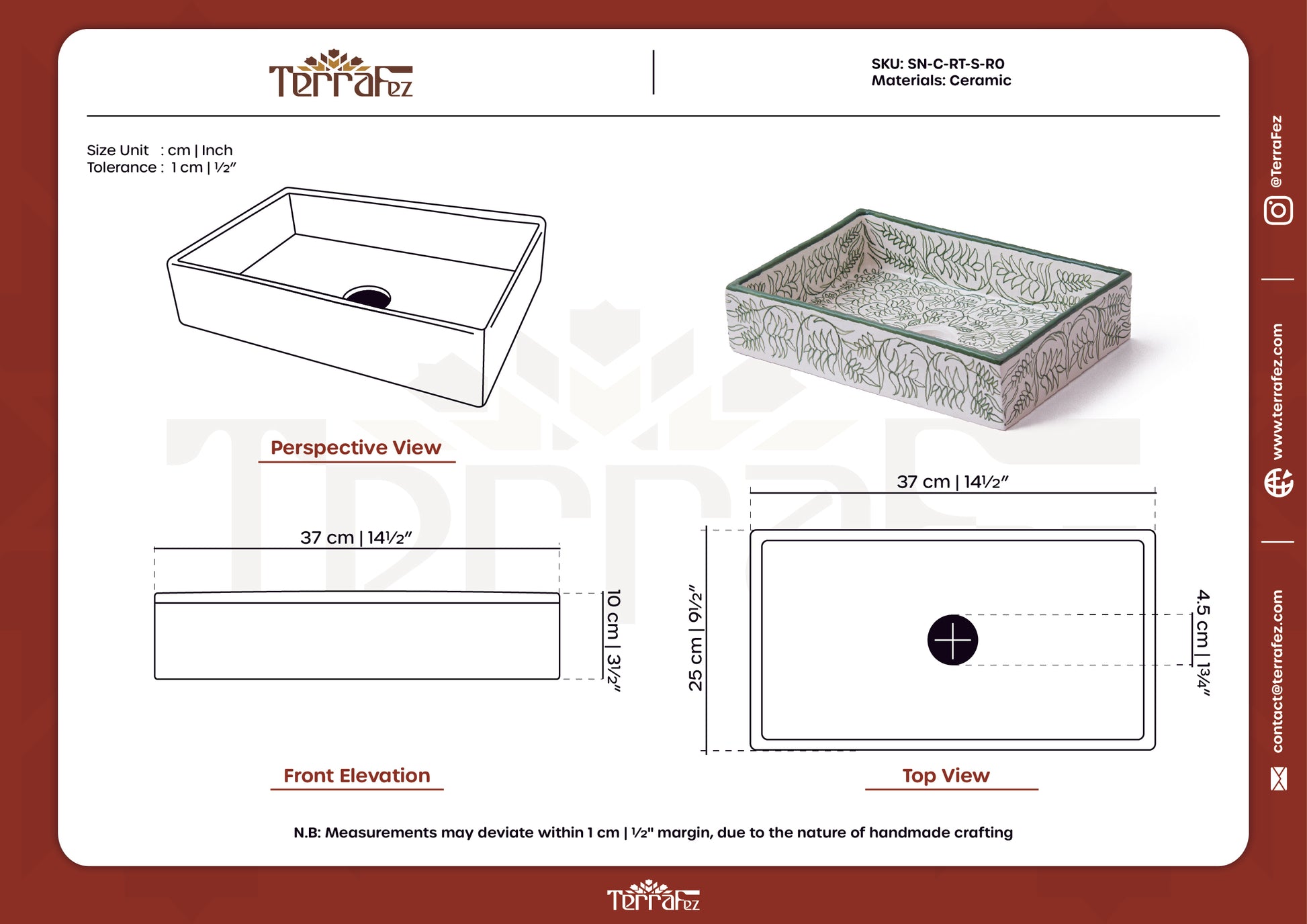Comprehensive technical drawing sheet showing front elevation, top view, and perspective views with precise measurements of ceramic bathroom sink