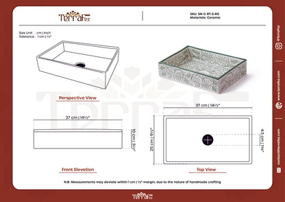 Comprehensive technical drawing sheet showing front elevation, top view, and perspective views with precise measurements of ceramic bathroom sink