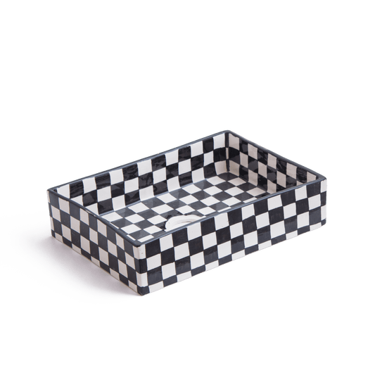 Angled perspective of rectangular ceramic basin showcasing three-dimensional checkerboard form