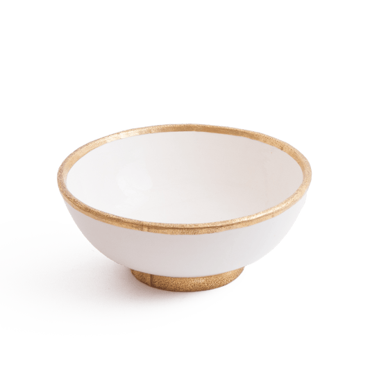 Handcrafted Moroccan white ceramic bowl sink with elegant brass-rimmed edge and matching brass base
