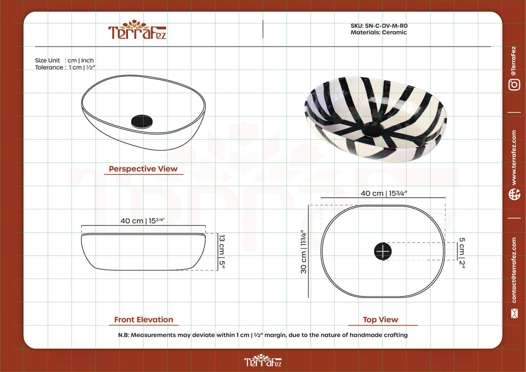 Technical diagram showing precise measurements and specifications of oval ceramic sink with product SKU