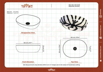 Technical diagram showing precise measurements and specifications of oval ceramic sink with product SKU